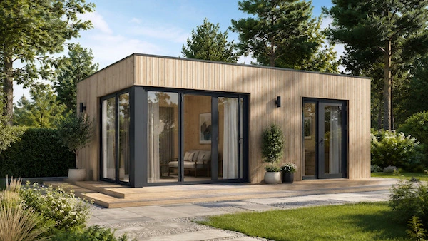 Bureau de jardin en bois avec bardage clair et terrasse