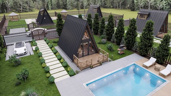 Chalet de jardin habitable avec bardage bois foncé